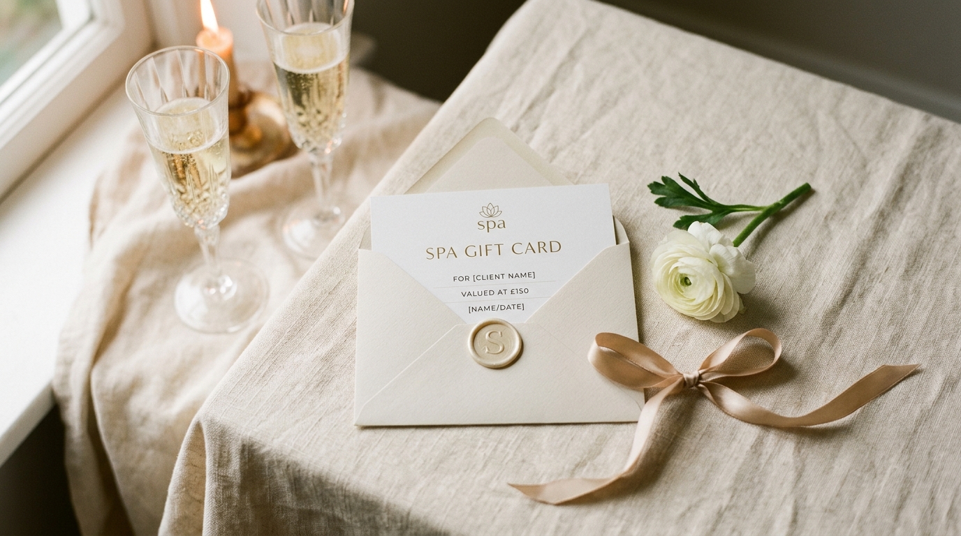 Elegant spa gift card displayed on a linen table with champagne flutes, white flowers, and gold ribbon in a luxurious romantic setting.