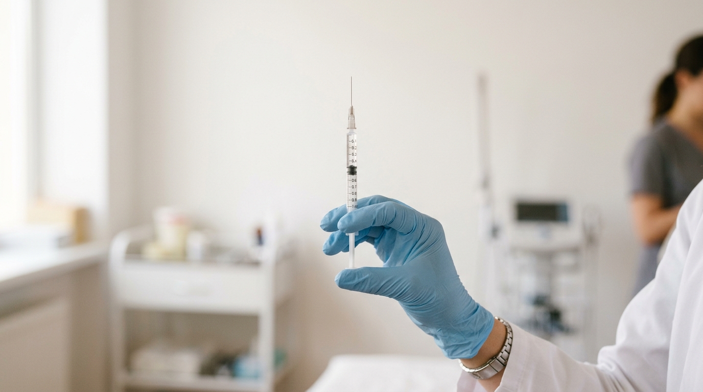 Medical professional holding a syringe with botox injection in a clinical treatment room setting.