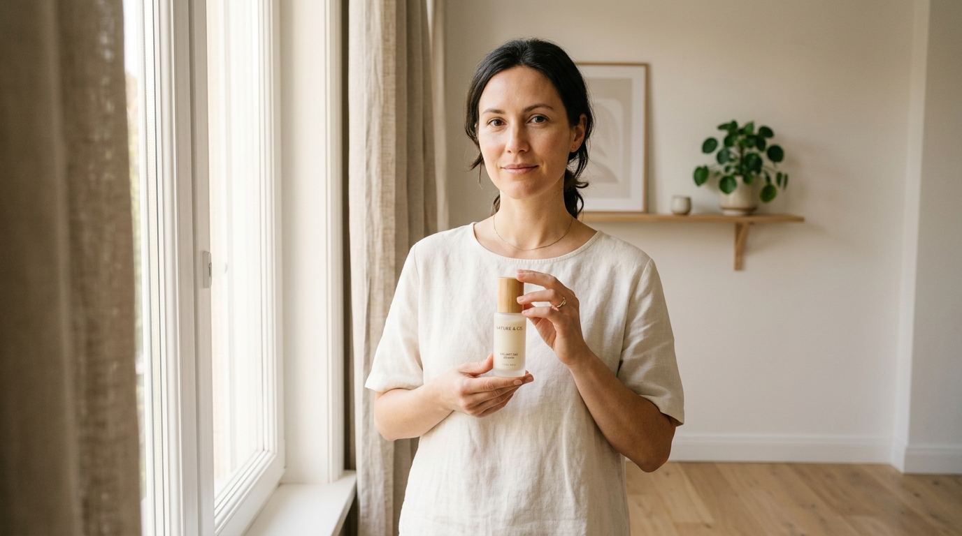 Woman holding a skincare product in a serene, minimalist bedroom with natural light and potted plant.