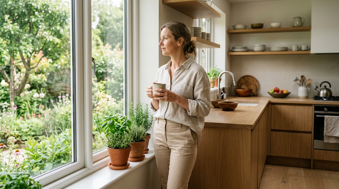 Woman holding a cup in a bright, modern kitchen with garden view, conveying wellness and healthy lifestyle.