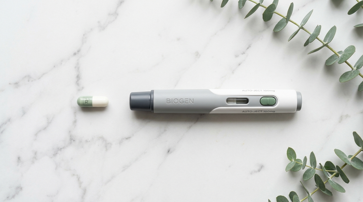 GLP-1 medication pill and injection pen displayed on marble surface with eucalyptus leaves.