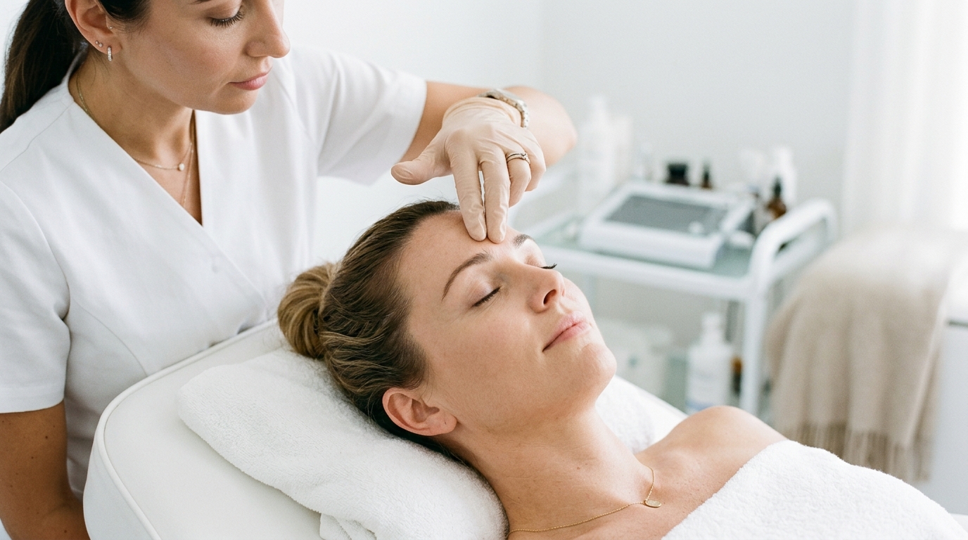 Professional aesthetician examining patient's forehead in bright clinical setting during cosmetic consultation.