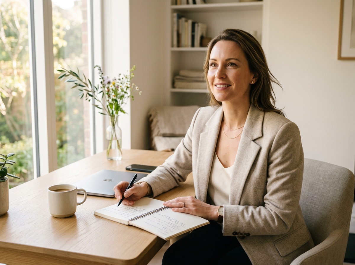 Confident woman smiling at her desk in a bright, organized office space while taking notes.