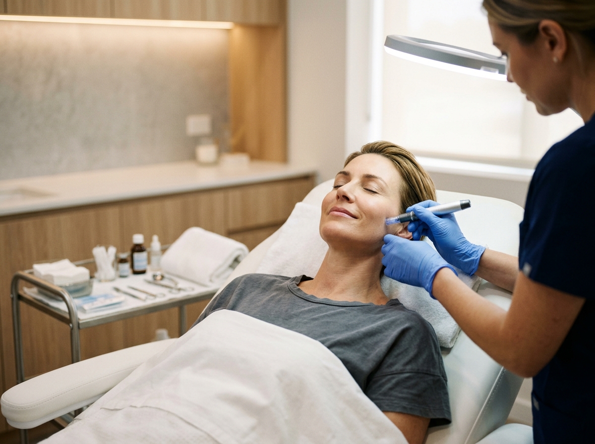 Dermatologist in blue gloves applies regenerative treatment to patient's face in a modern clinical setting.