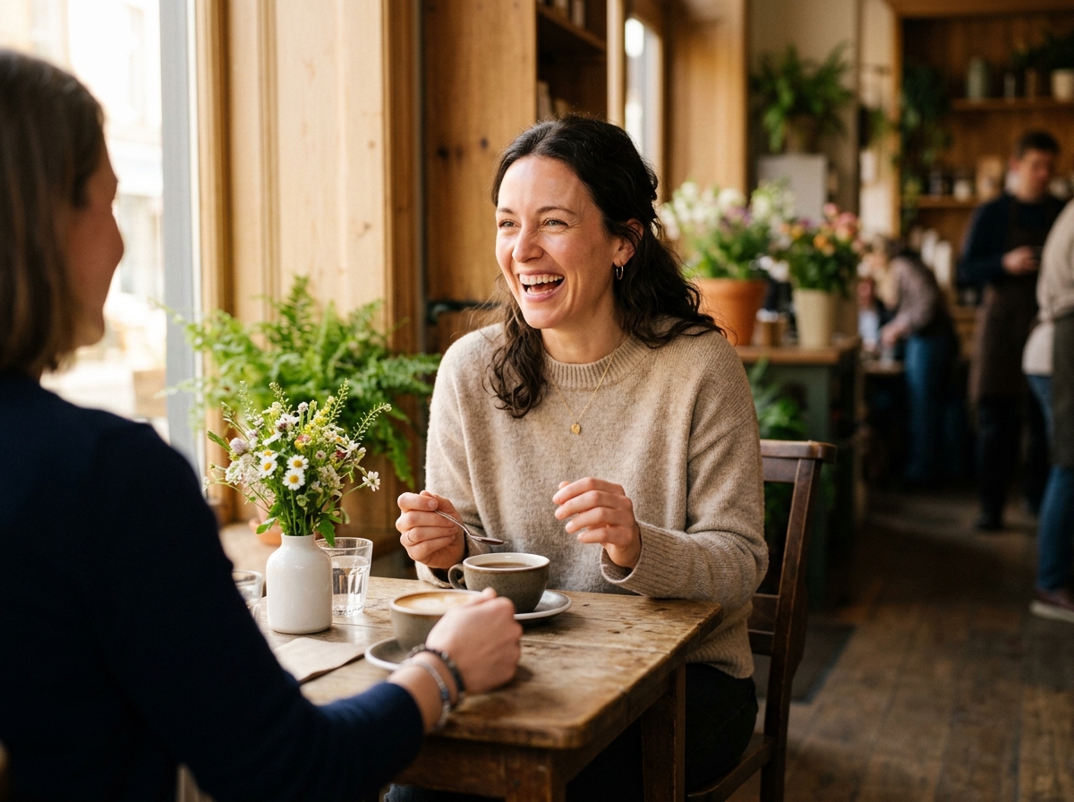 Woman laughing joyfully during a face-to-face conversation over coffee in a warm, plant-filled café setting.