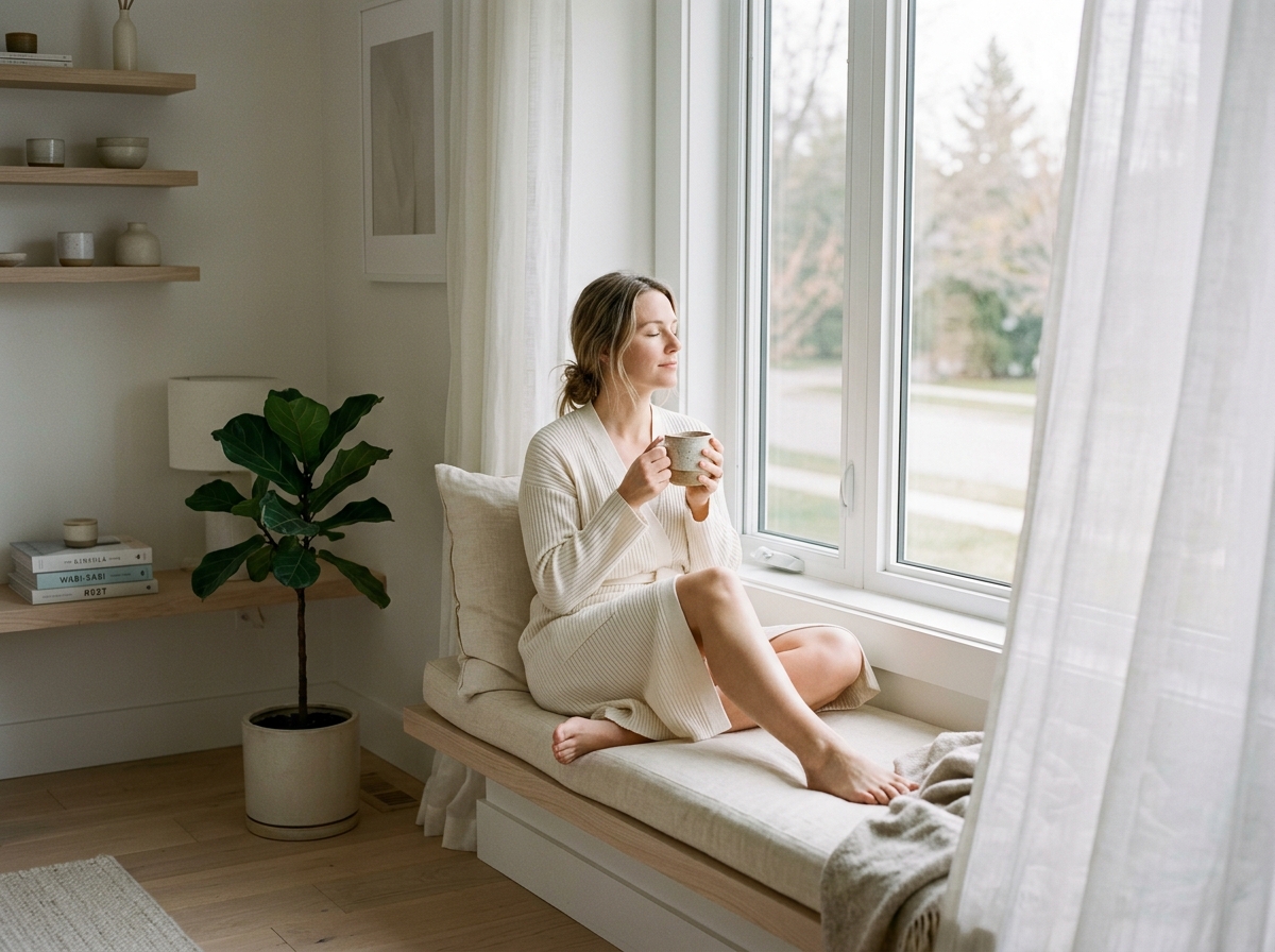 Woman sitting peacefully on a sunlit windowsill holding a warm mug, surrounded by minimalist decor and plants.