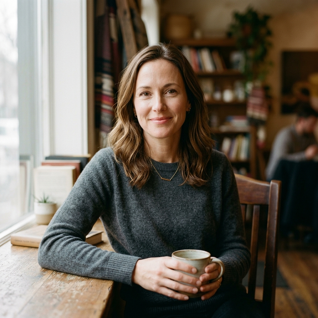 Woman in charcoal sweater smiles warmly while holding a mug at a wooden table in a sunlit, book-filled room.