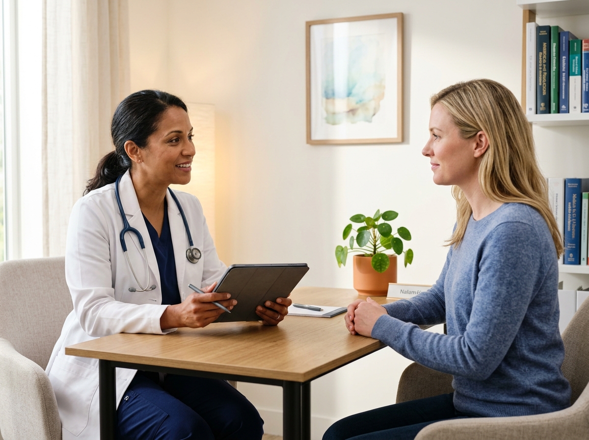 Female doctor with stethoscope holding tablet smiles warmly while consulting with patient in bright, welcoming office with plants and bookshelves.