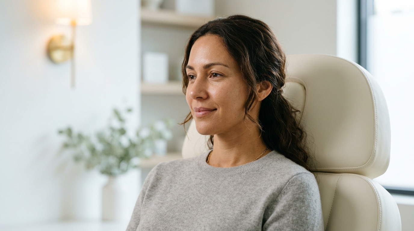 Woman seated in a modern clinic setting with a calm, satisfied expression after a cosmetic injection procedure.