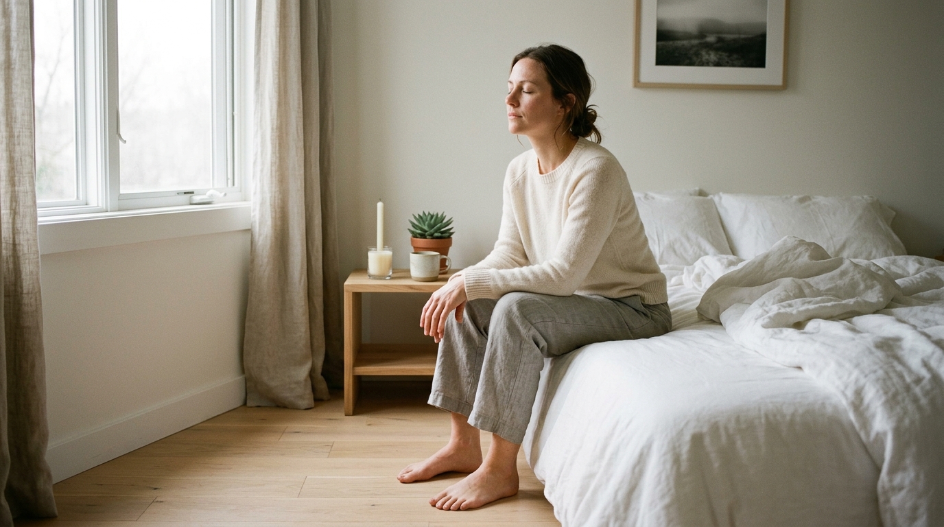 Woman sitting peacefully on a bed in a serene bedroom, gazing out the window in a contemplative moment of calm.