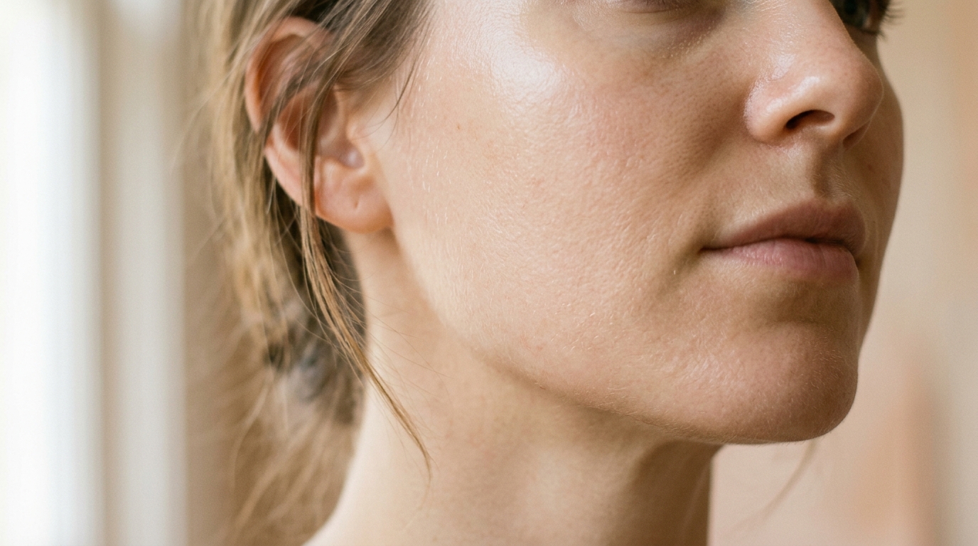 Close-up of a woman's dewy, glowing complexion showing smooth, well-hydrated skin with a luminous finish.