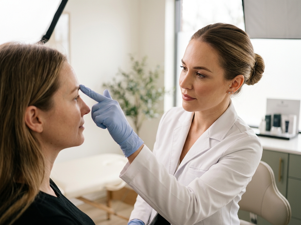 Professional aesthetician in white coat and blue gloves examining client's face in modern, minimalist clinic setting.