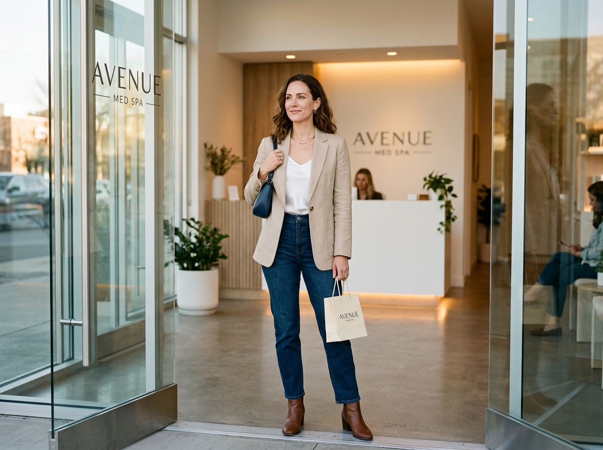 Woman entering upscale medical spa reception area with branded shopping bag in modern, welcoming interior.
