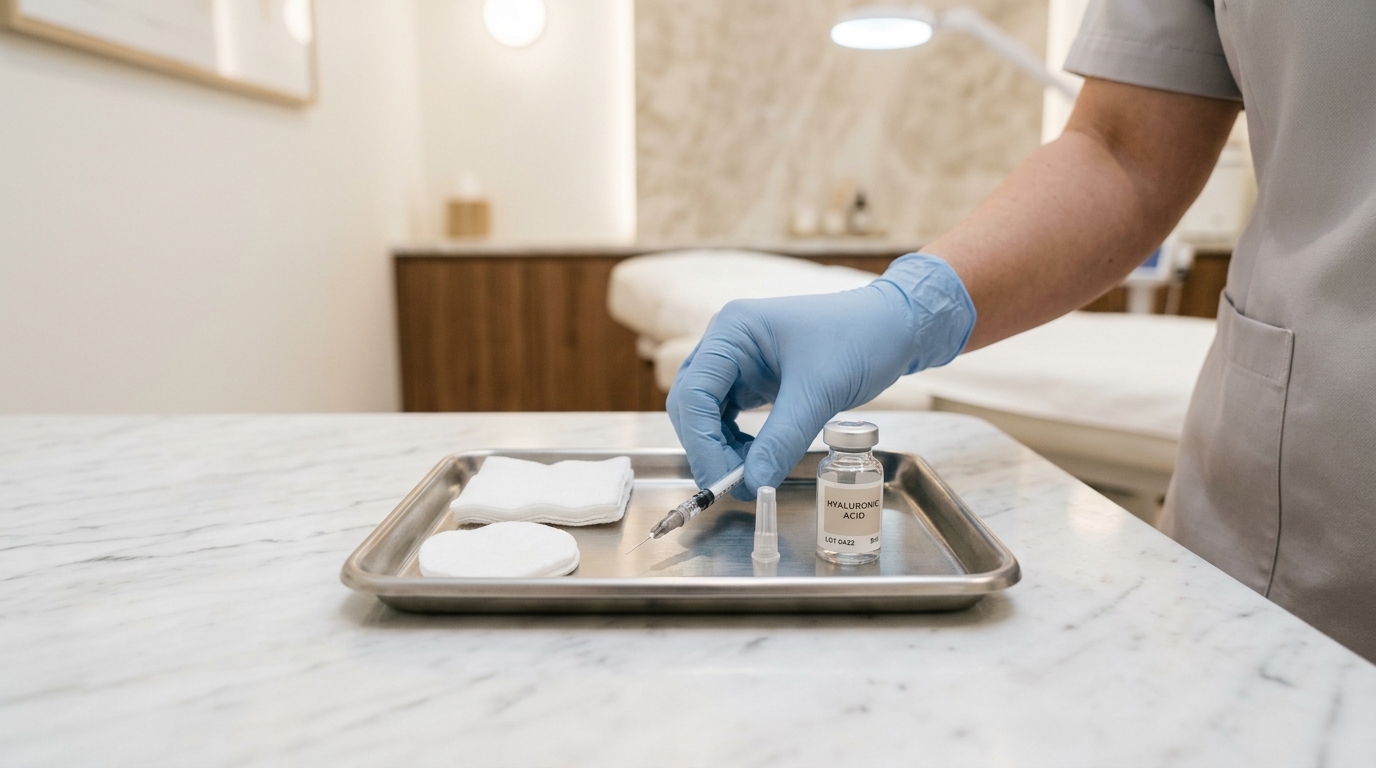 Medical professional in blue gloves preparing botox injection equipment on a treatment tray in a clean, modern clinic setting.