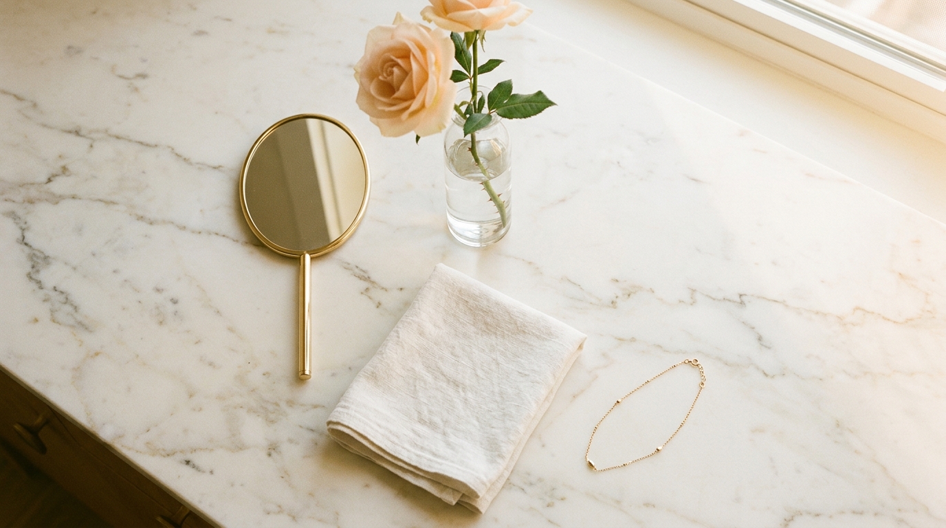 Elegant marble vanity styled with peach roses, gold-framed mirror, linen cloth, and delicate jewelry for a luxe Valentine's Day aesthetic.