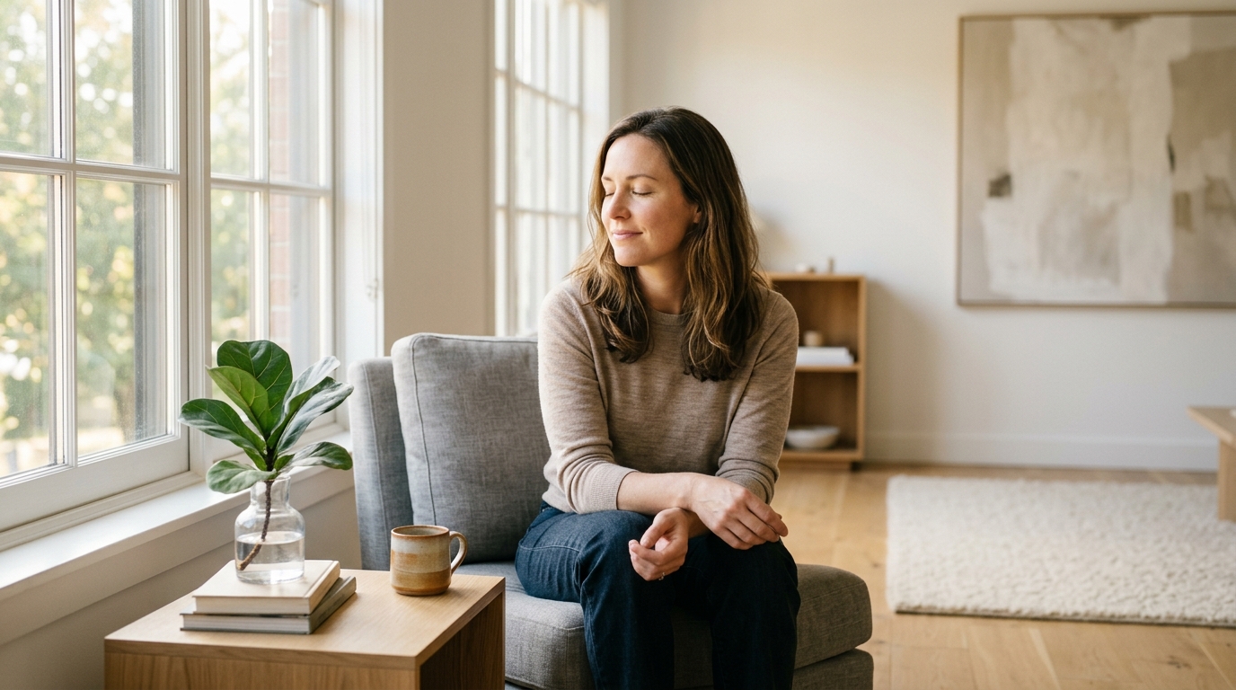 Woman sitting peacefully in a sunlit room with a plant and cup of tea, embodying calm and mindful self-care.