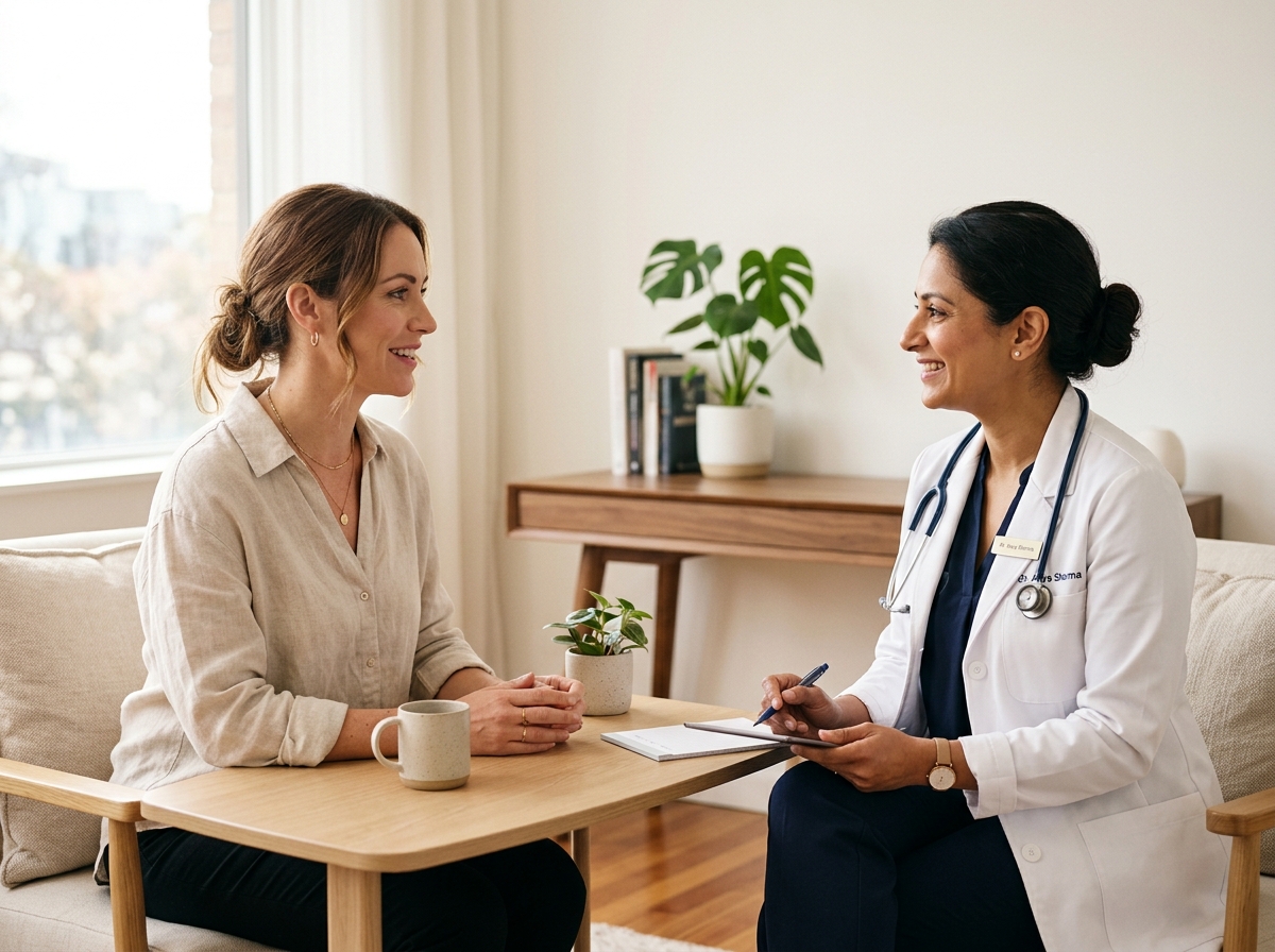 Doctor and patient having a friendly consultation in a bright, modern office with plants and city views in the background.