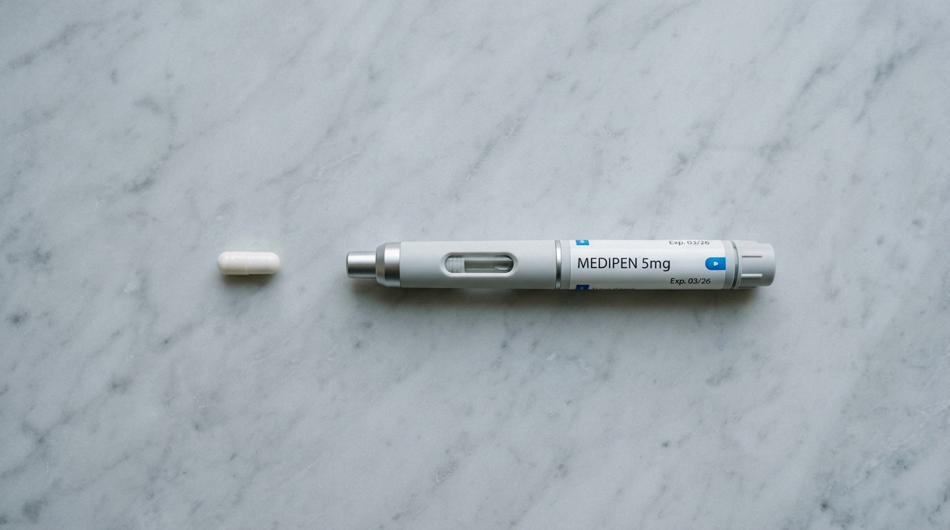 GLP-1 injection pen and pill on marble surface representing weight loss medication options.