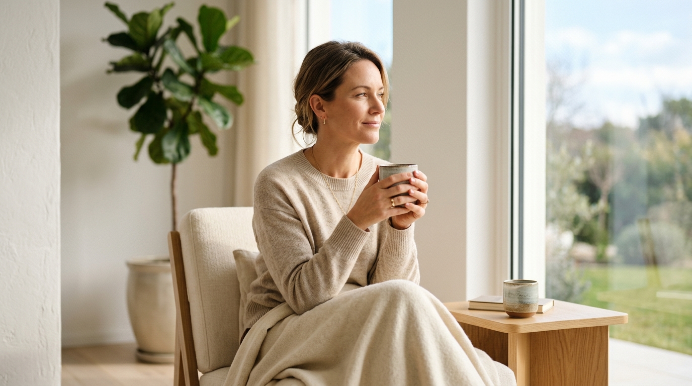 Woman in a cream sweater holding a warm beverage by a sunlit window surrounded by plants, conveying calm contentment.