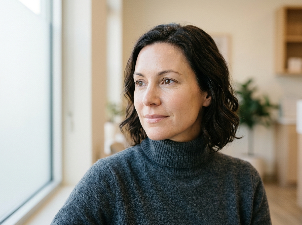 Woman in a gray turtleneck gazing thoughtfully by a bright window in a modern, minimalist interior space.