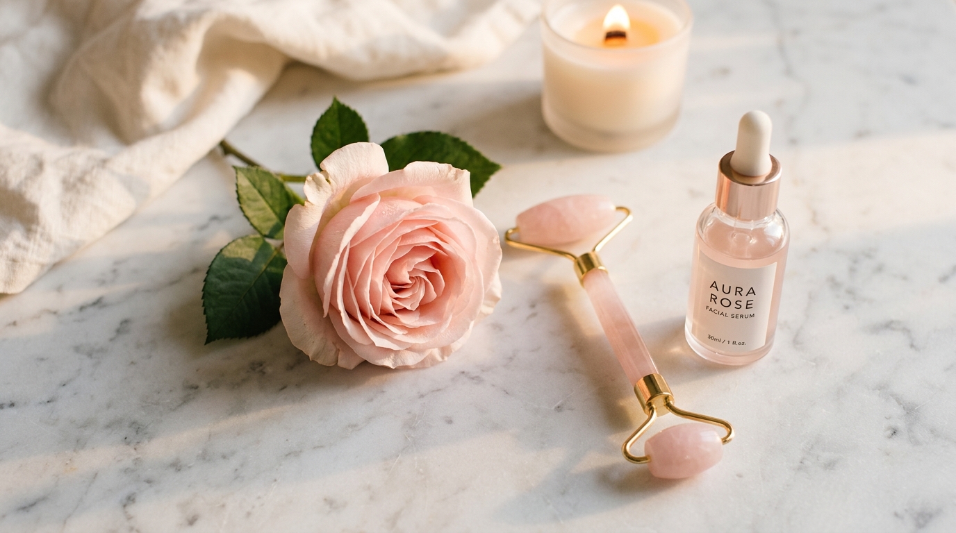 Luxe skincare and beauty products arranged with a pink rose on marble, creating a romantic and serene spa aesthetic.