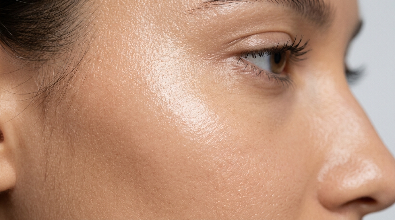 Close-up of dewy, glowing skin on a person's face showing healthy hydration and moisture.