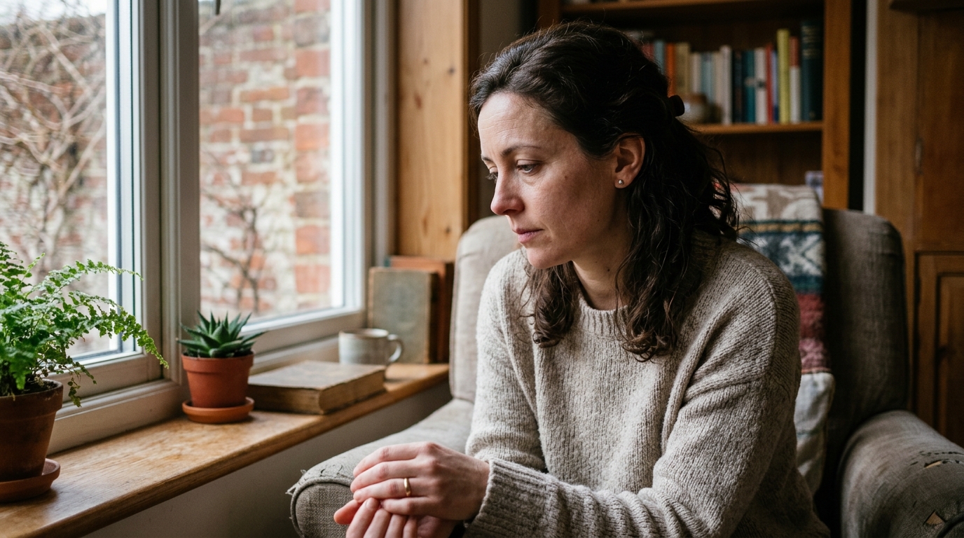 Contemplative woman sitting by a window looking worried, with visible skin concerns on her face and neck.