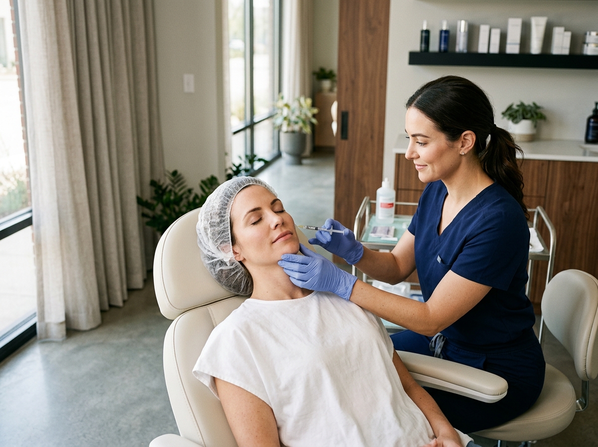 Dermatologist in blue gloves administering injectable filler to patient's face in a modern, sunlit medical clinic.