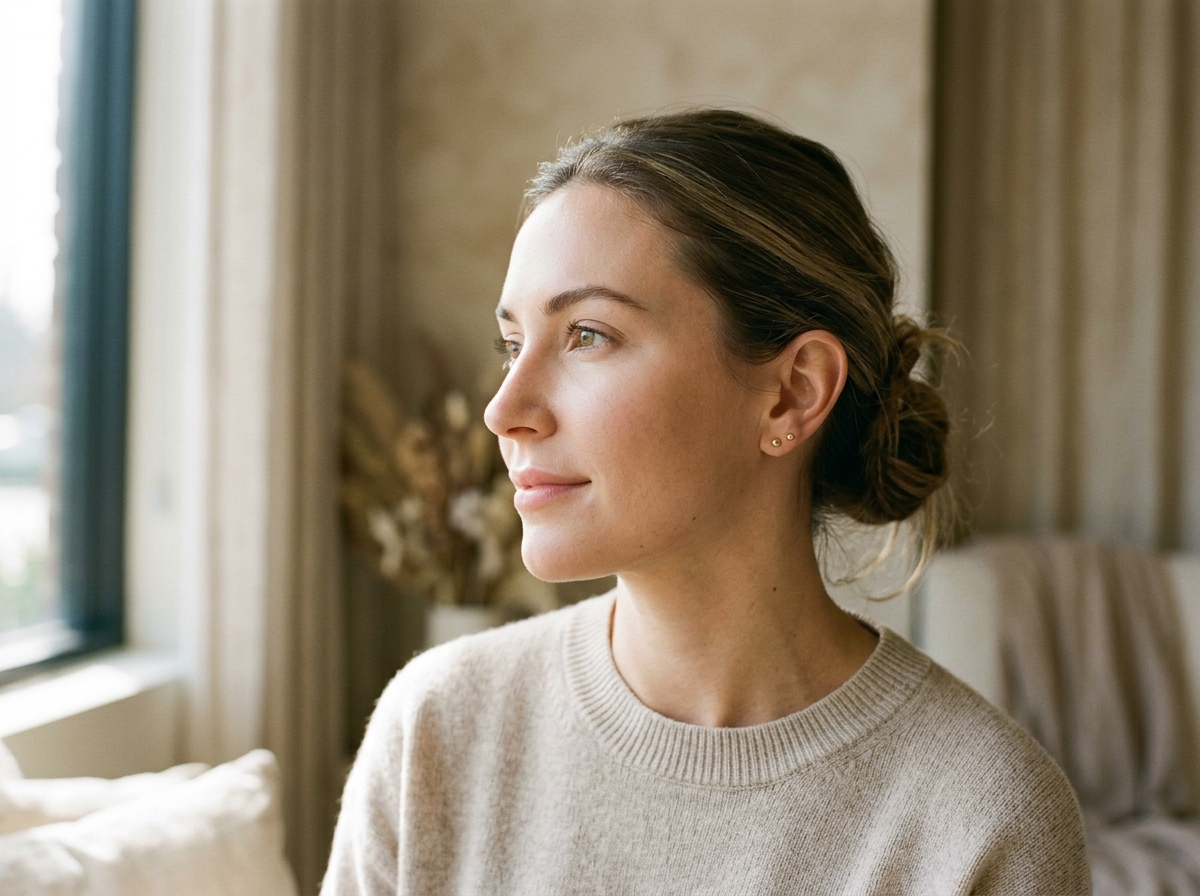 Woman with smooth, radiant skin gazing thoughtfully by a sunlit window in a serene interior setting.