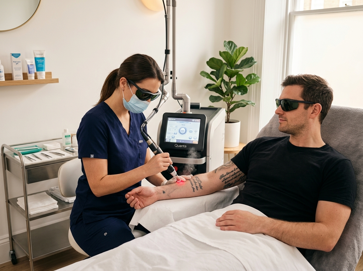 Medical professional performing laser tattoo removal treatment on patient's arm in a modern clinical setting.
