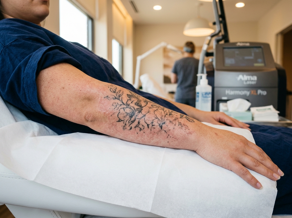 Patient displays arm tattoo during laser removal consultation in a medical clinic with specialized equipment visible.