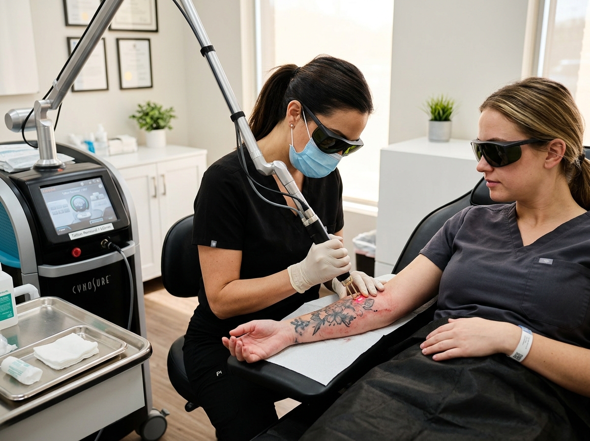 Dermatologist using laser equipment to remove a tattoo from patient's arm in a clinical setting.