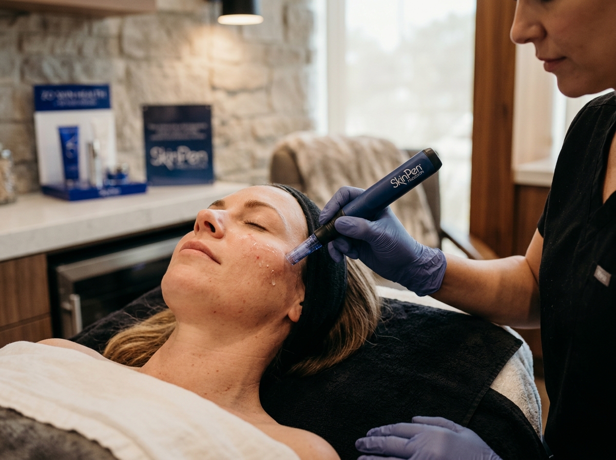 Aesthetician performing SkinPen microneedling treatment on a relaxed client's face in a professional spa setting.