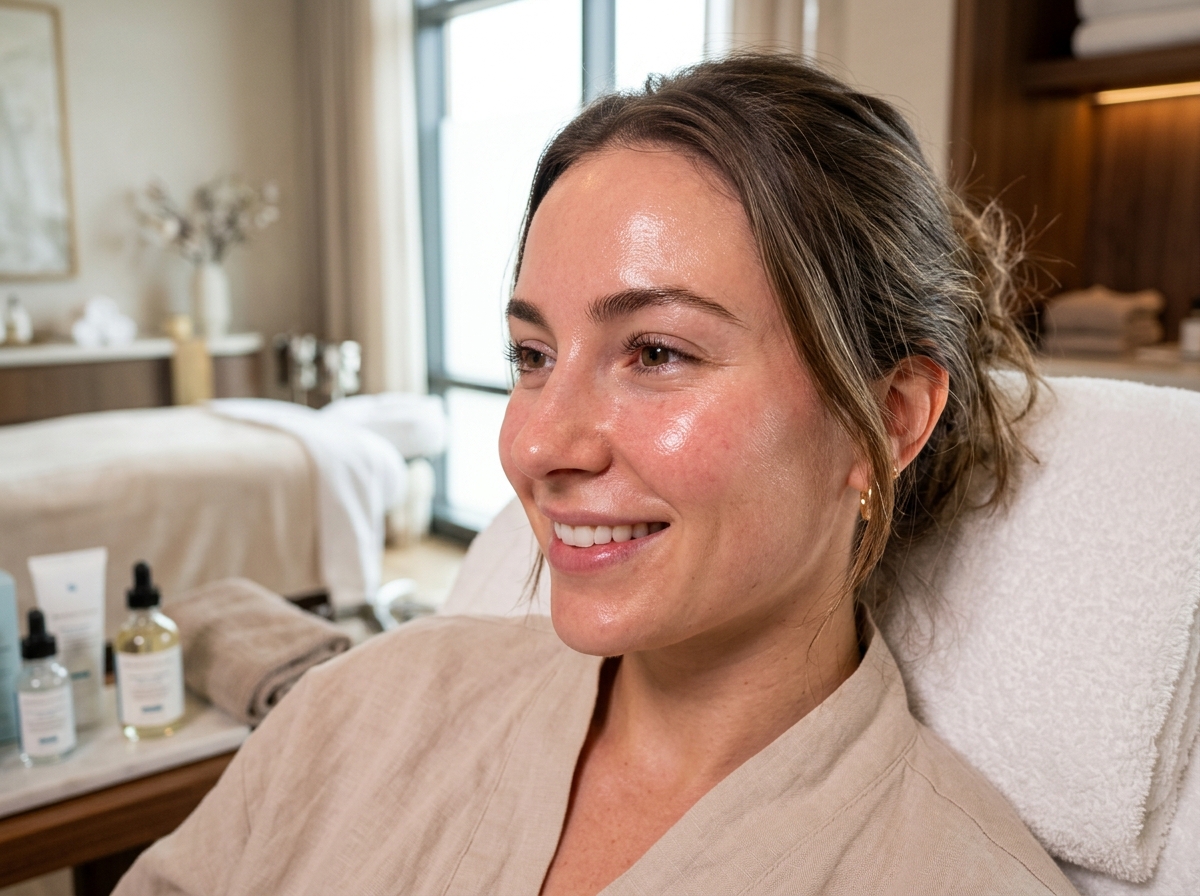 Woman with radiant, glowing skin smiling in a luxurious spa treatment room.