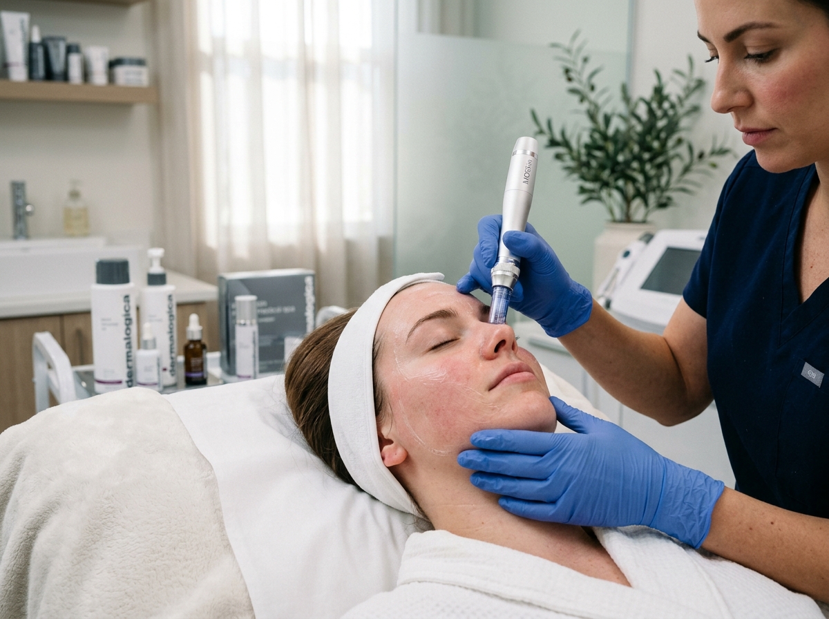 Healthcare provider performing SkinPen microneedling treatment on patient's face in a professional medical spa setting.