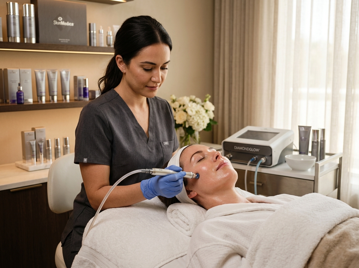 Skincare professional administering DiamondGlow facial treatment to relaxed client in serene spa setting.