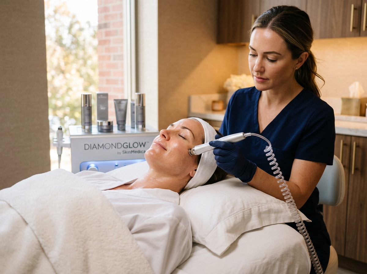 Skincare professional applying DiamondGlow facial treatment device to relaxed client's face in spa setting.