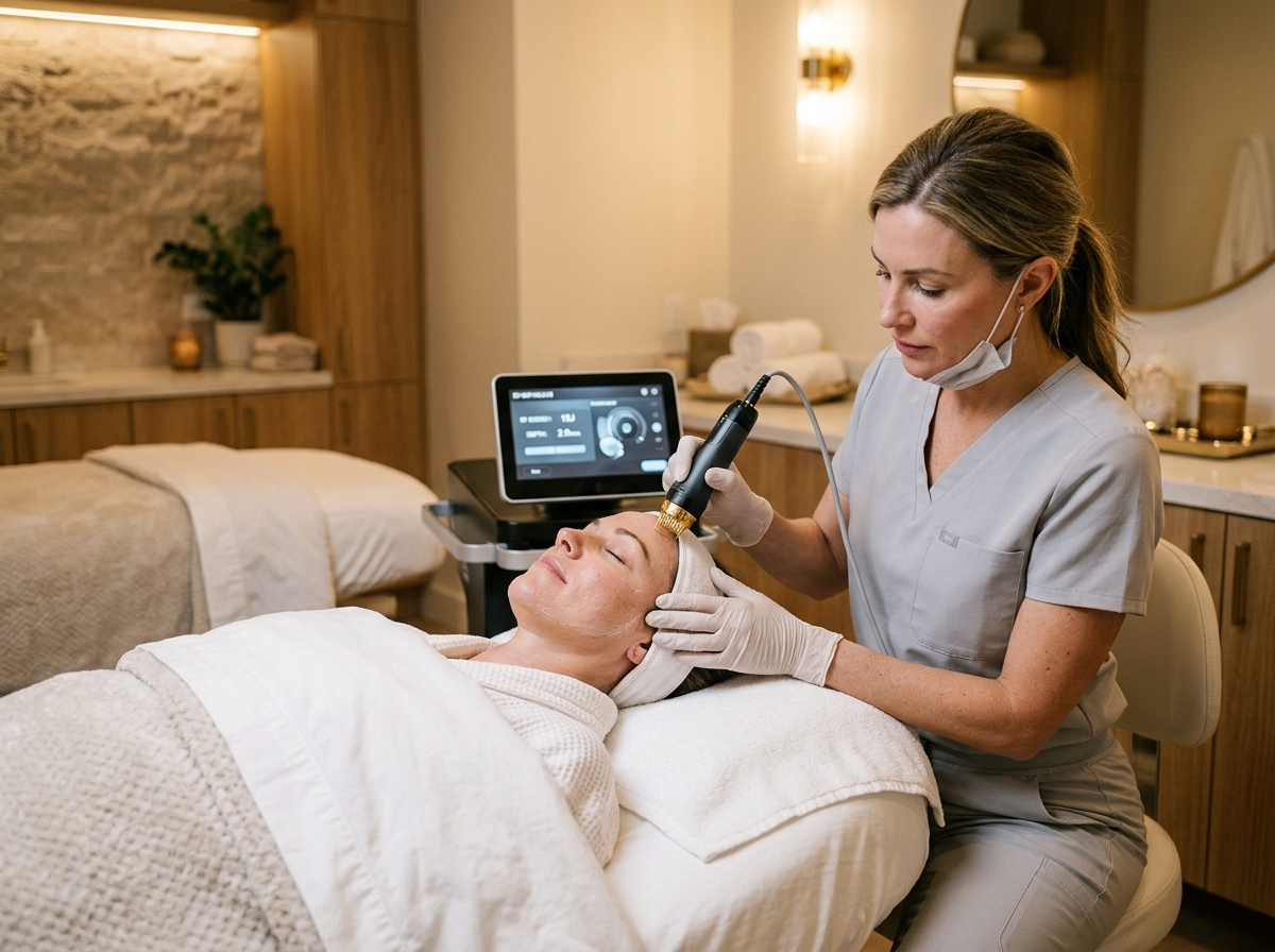 Esthetician performing Pixel8 RF microneedling treatment on relaxed client's face in luxurious spa setting.
