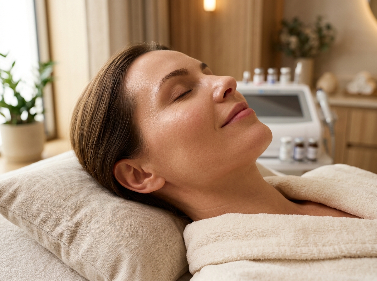 Woman relaxing in spa treatment room with medical microneedling device visible in background.