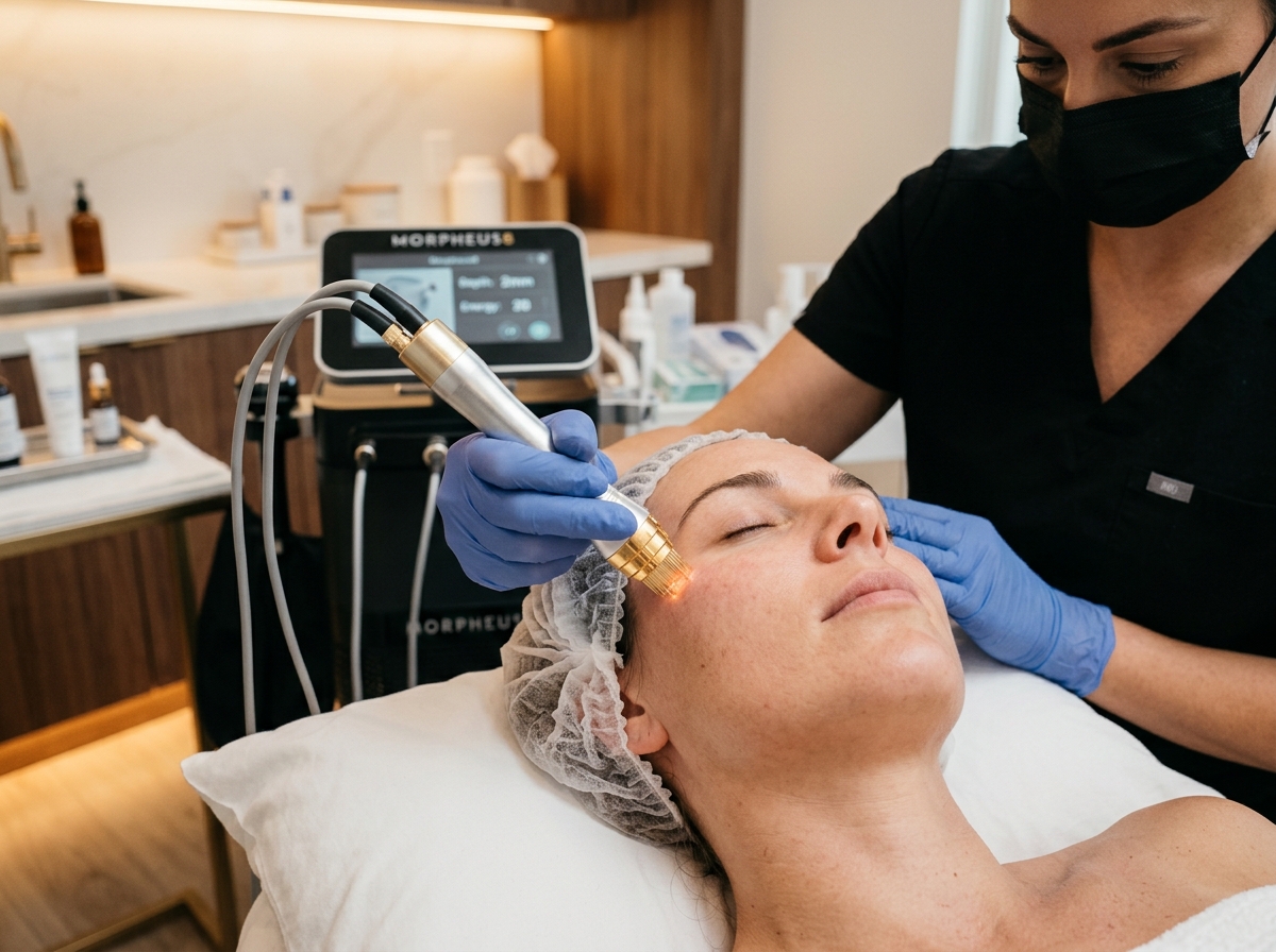 Healthcare provider performing Pixel8 RF microneedling treatment on relaxed patient's face in professional medical spa setting.