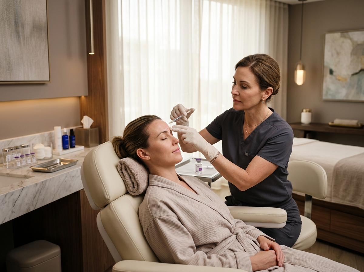 Medical professional administering a Botox injection to a patient's forehead in a modern, upscale clinical setting.