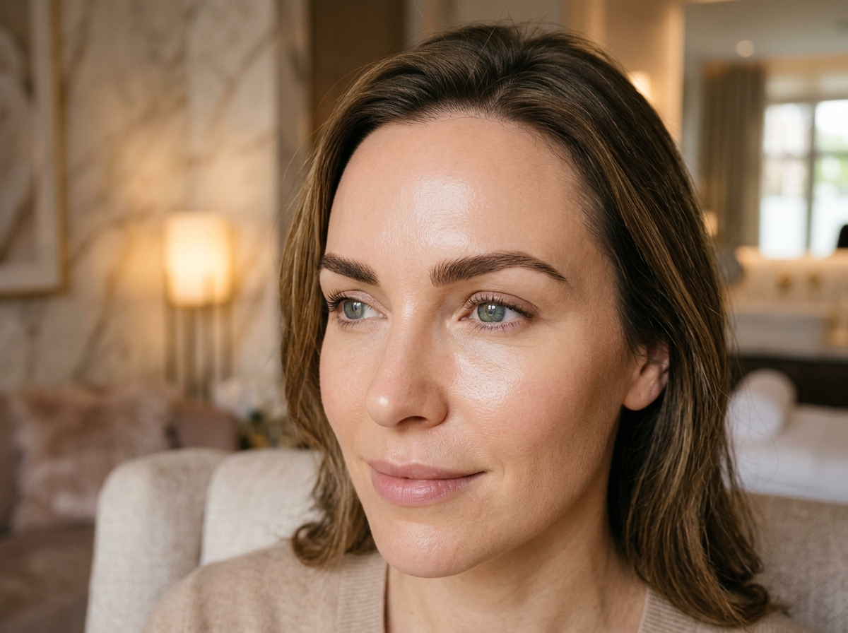 Woman with smooth forehead and refined facial features in a serene spa or medical clinic setting.