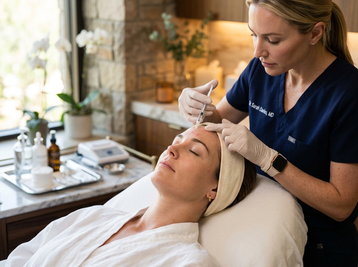 Medical professional administering Botox injection to patient's forehead in a serene clinical spa setting.