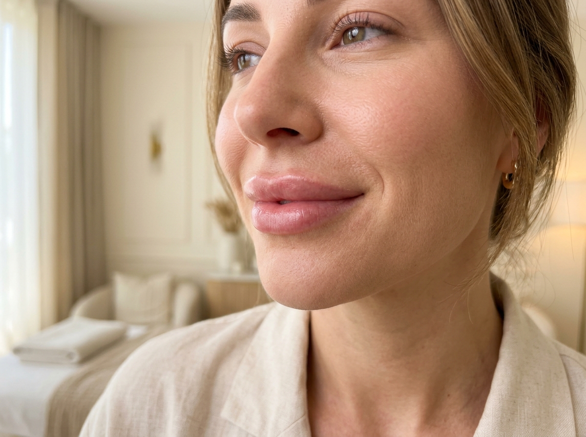 Woman displaying fuller, enhanced lips in a clinical spa setting with a confident, satisfied expression.