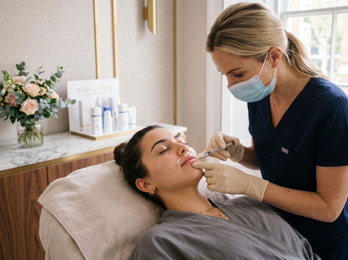 Medical professional administering lip filler injection to relaxed patient in modern clinical spa setting.
