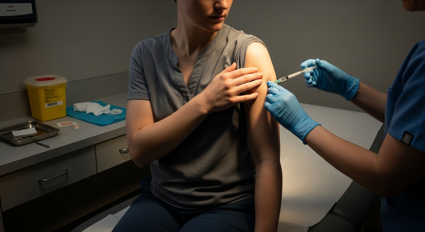 Healthcare provider administering B12 injection to patient's arm in a clinical setting.