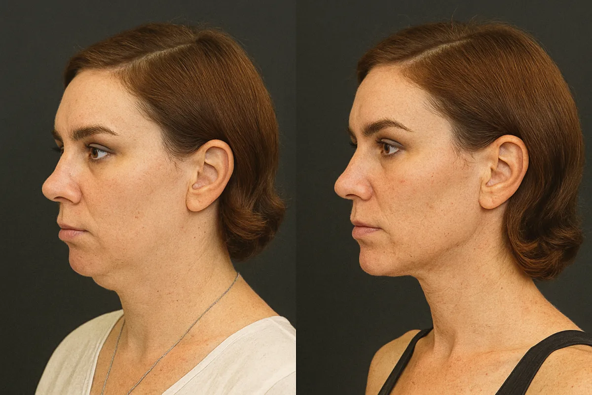 Side-by-side profile comparison showing neck and jawline before and after cosmetic treatment, demonstrating improved skin tightness and definition.