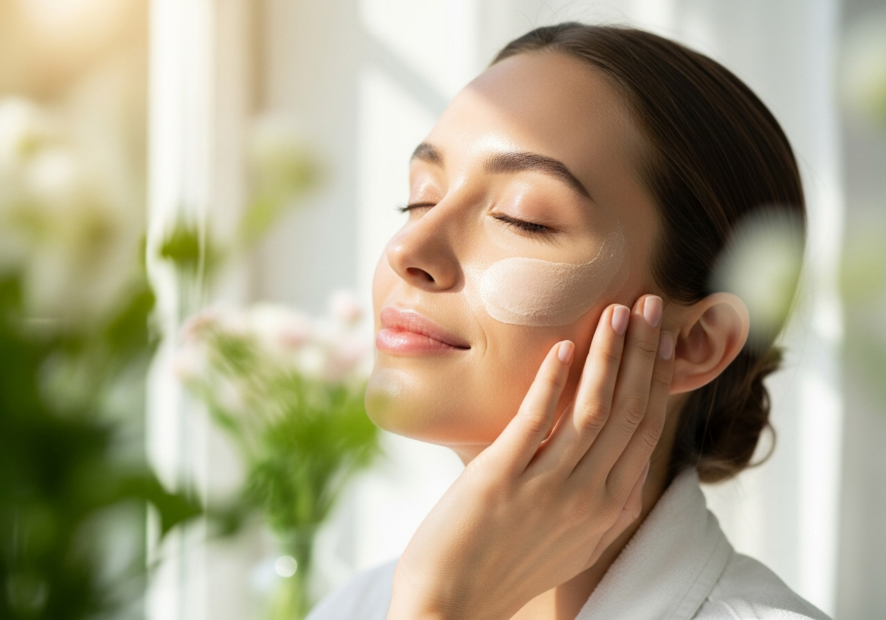 Woman applying moisturizer to her face with eyes closed in bright, natural daylight near green plants.