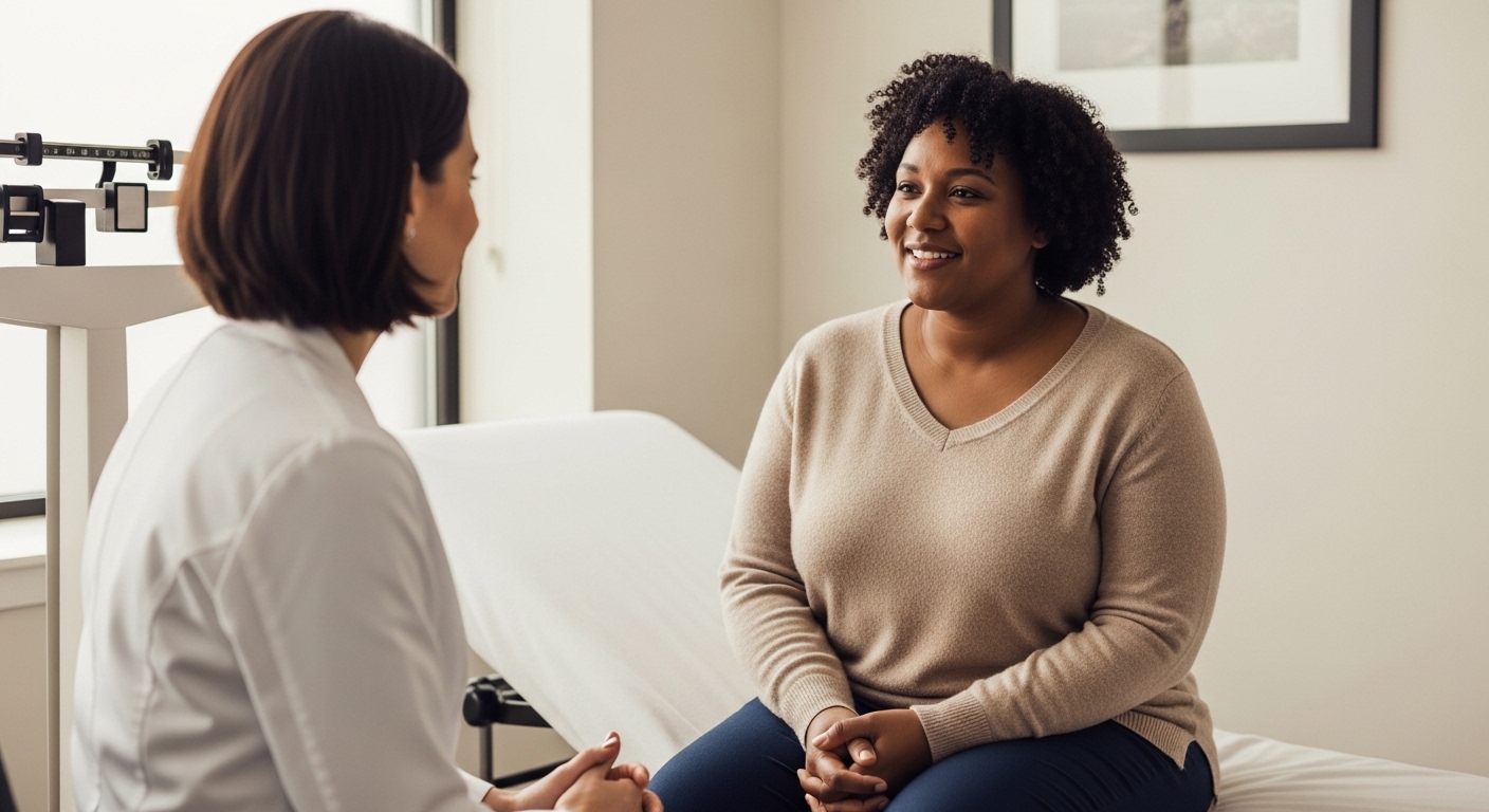 Healthcare provider in white coat consults with smiling patient in clinical exam room with scale visible.