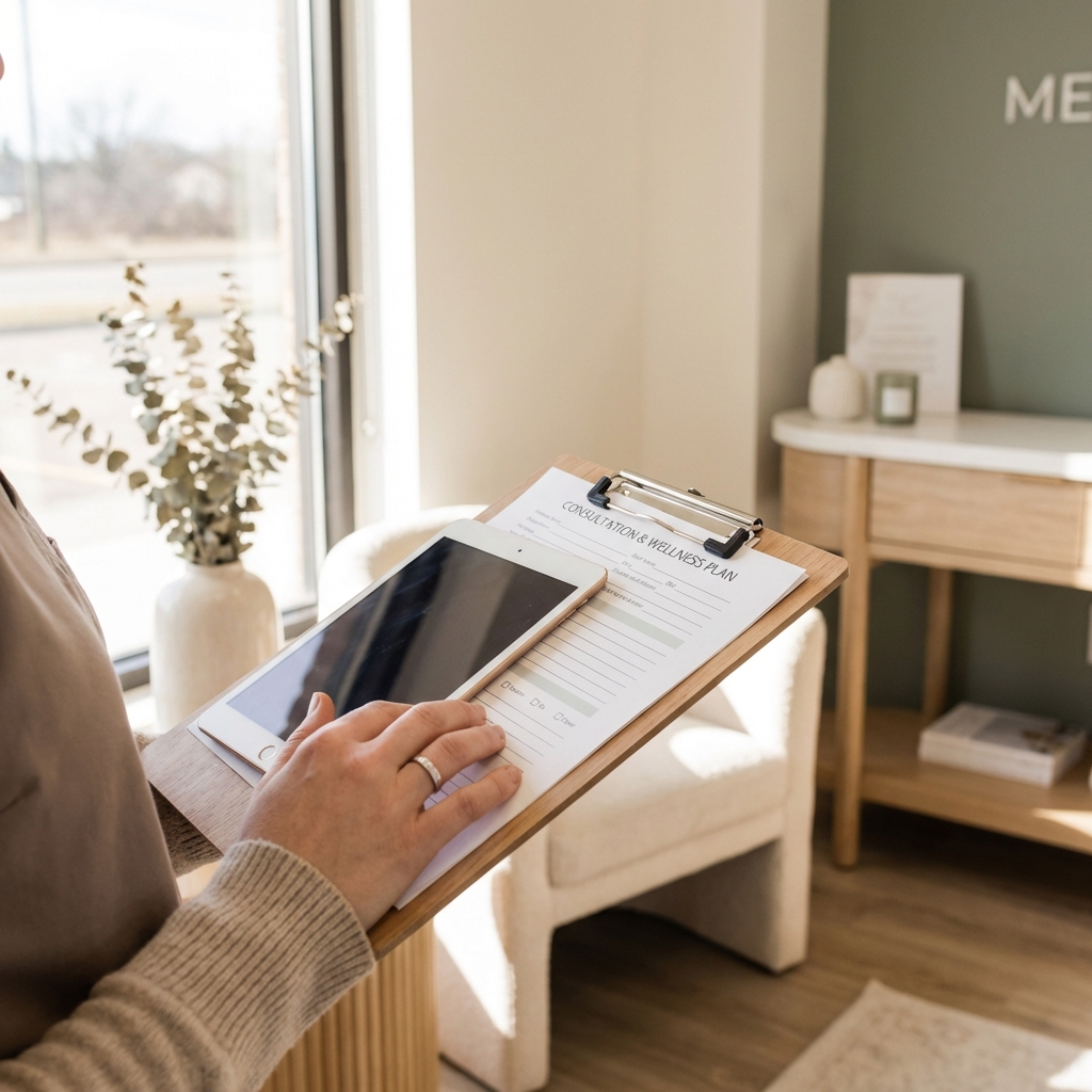 Person holding smartphone and reviewing a "Current Status & Wellness Plan" clipboard in a bright, minimalist wellness space.